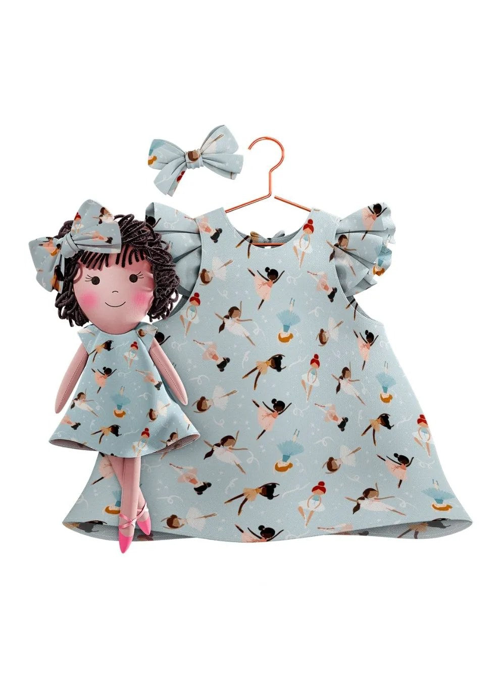 Girls cotton dress with matching handmade cloth doll