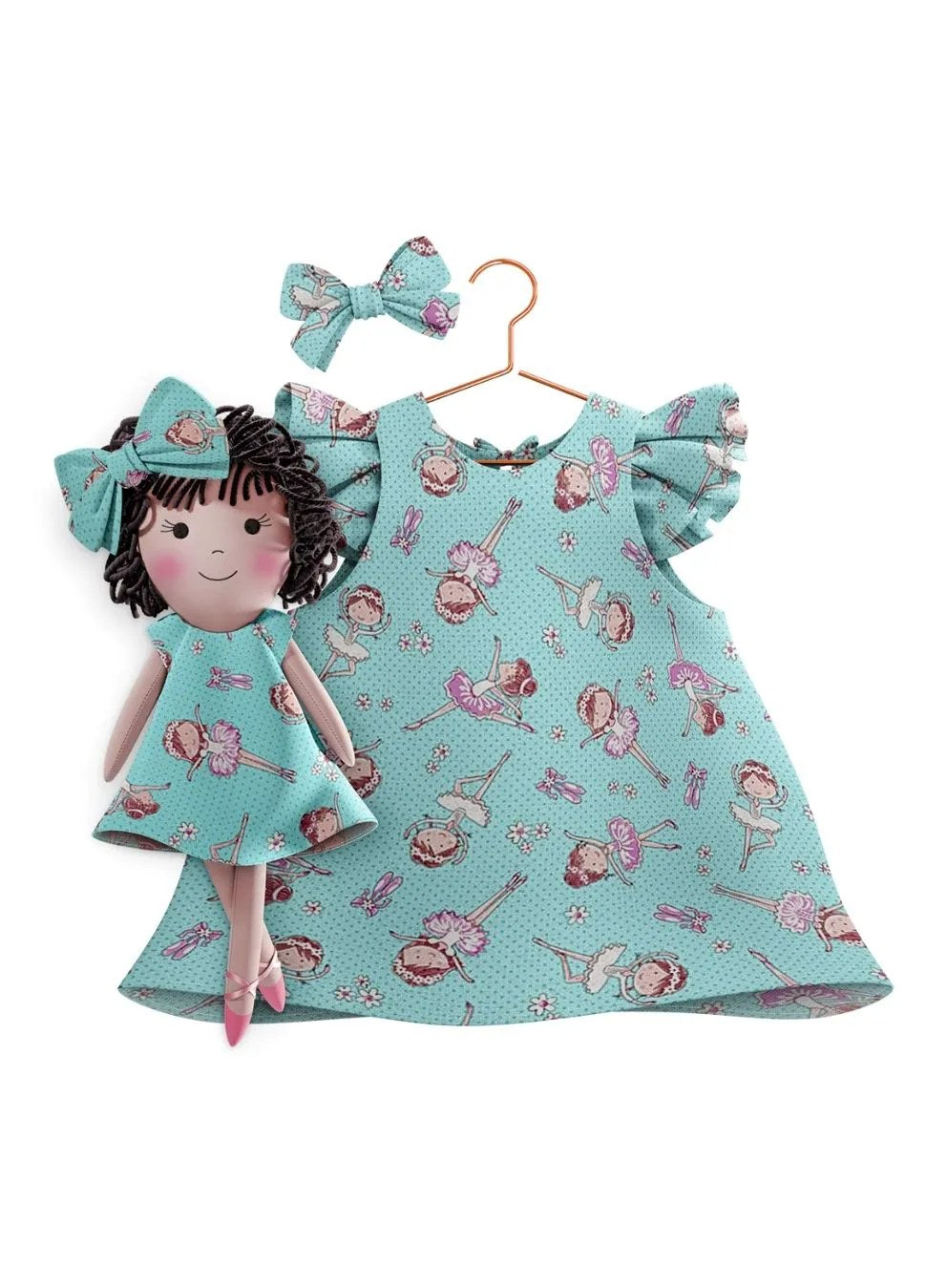 Girls cotton dress with matching handmade cloth doll