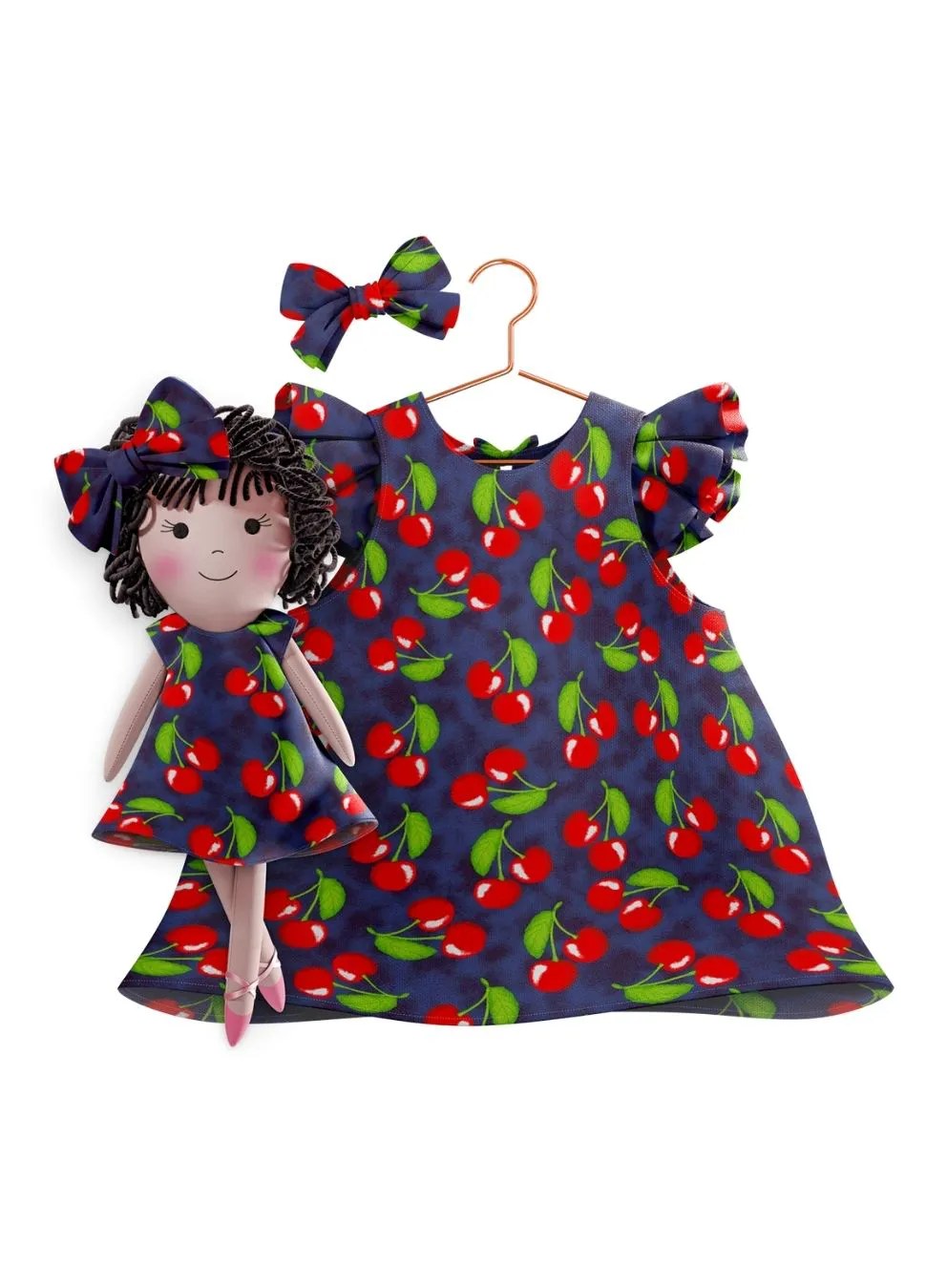 Girls cotton dress with matching handmade cloth doll