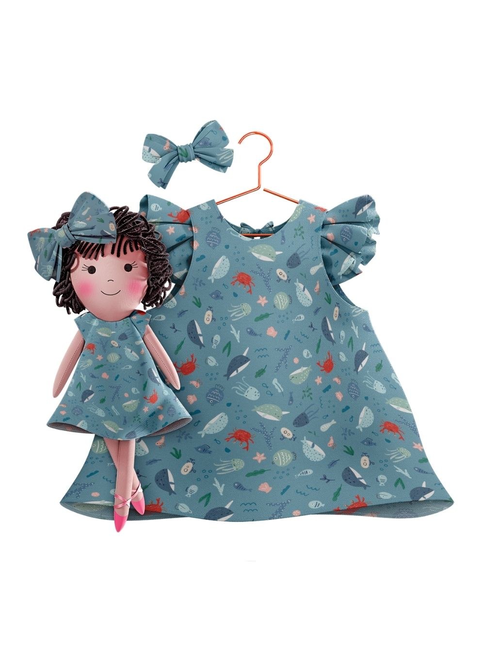 Girls cotton dress with matching handmade cloth doll