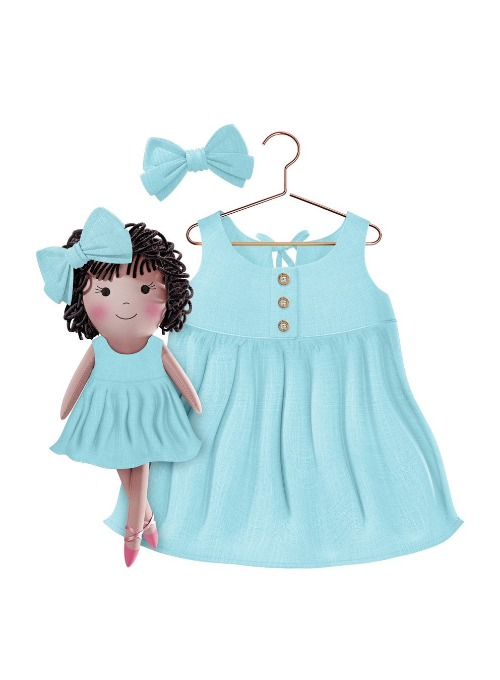 Girls cotton dress with matching handmade cloth doll