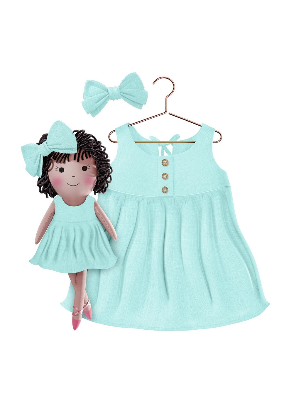 Girls cotton dress with matching handmade cloth doll