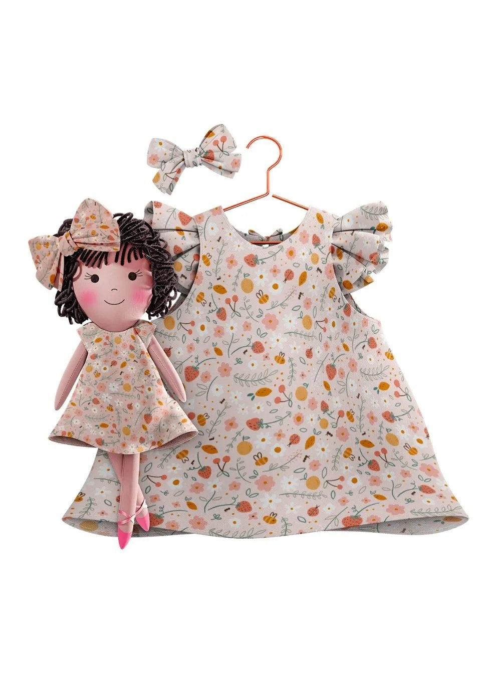 Girls cotton dress with matching handmade cloth doll