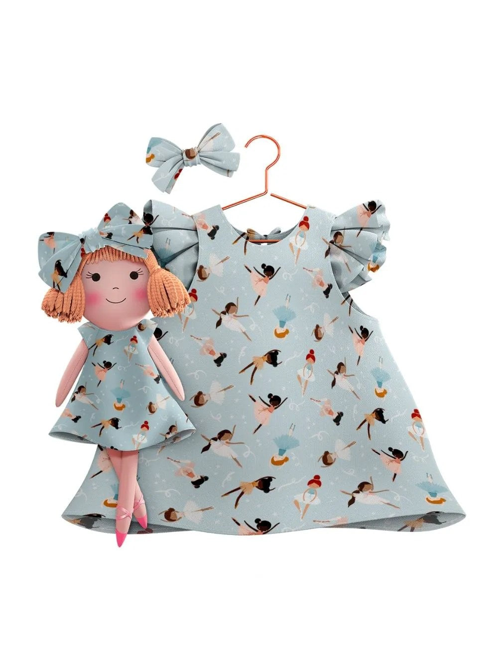 Girls cotton dress with matching handmade cloth doll