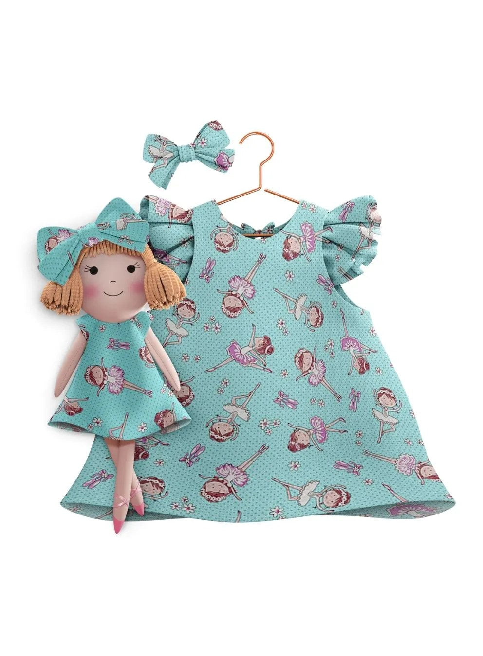 Girls cotton dress with matching handmade cloth doll