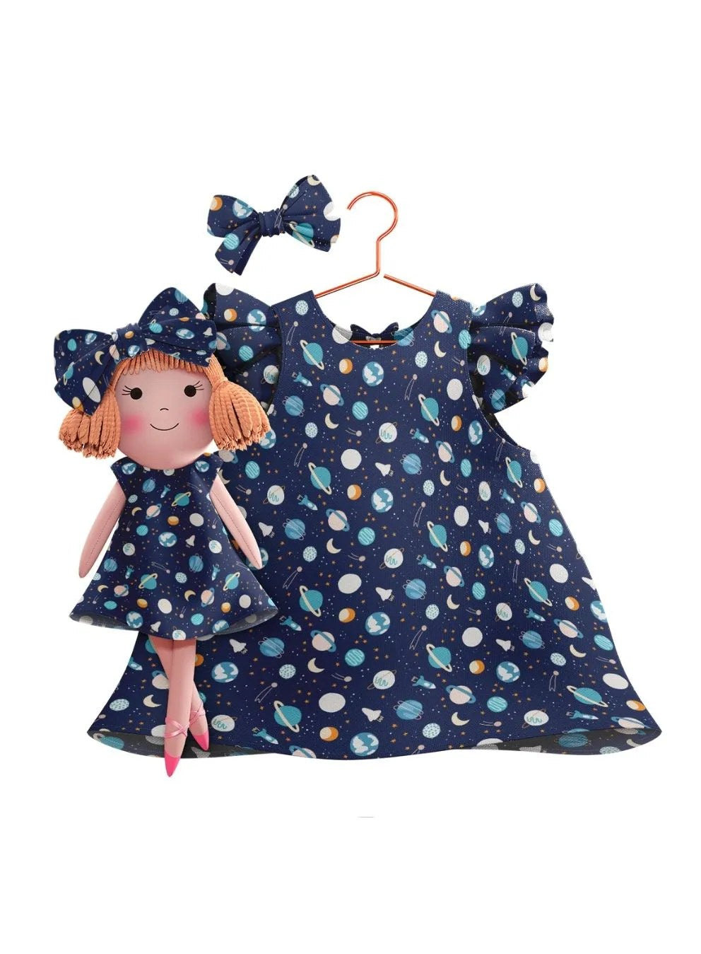 Girls cotton dress with matching handmade cloth doll