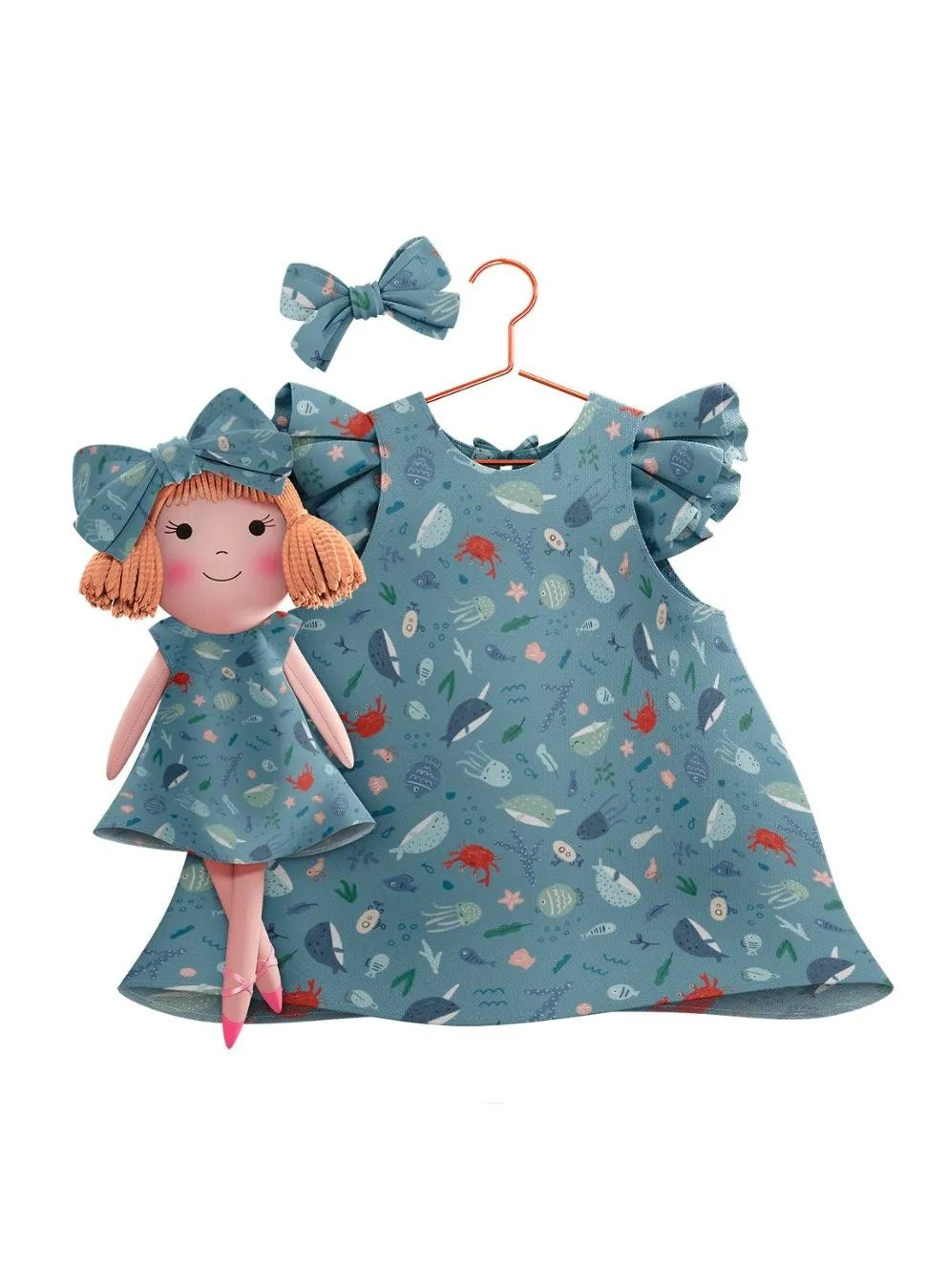 Girls cotton dress with matching handmade cloth doll