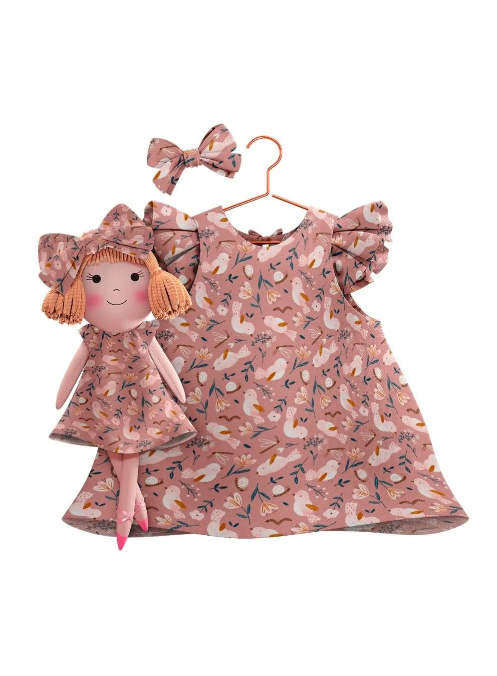 Girls cotton dress with matching handmade cloth doll