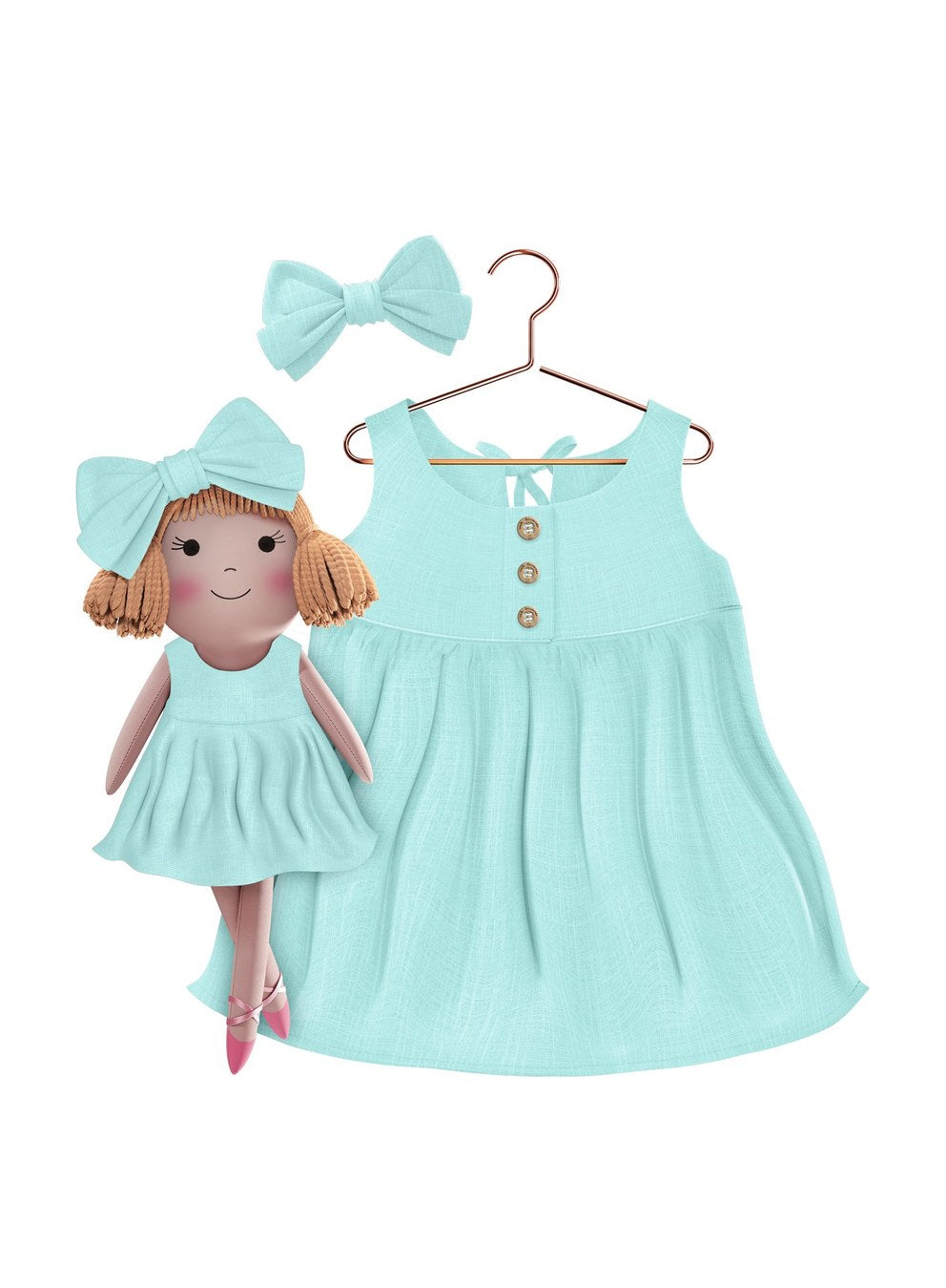 Girls cotton dress with matching handmade cloth doll