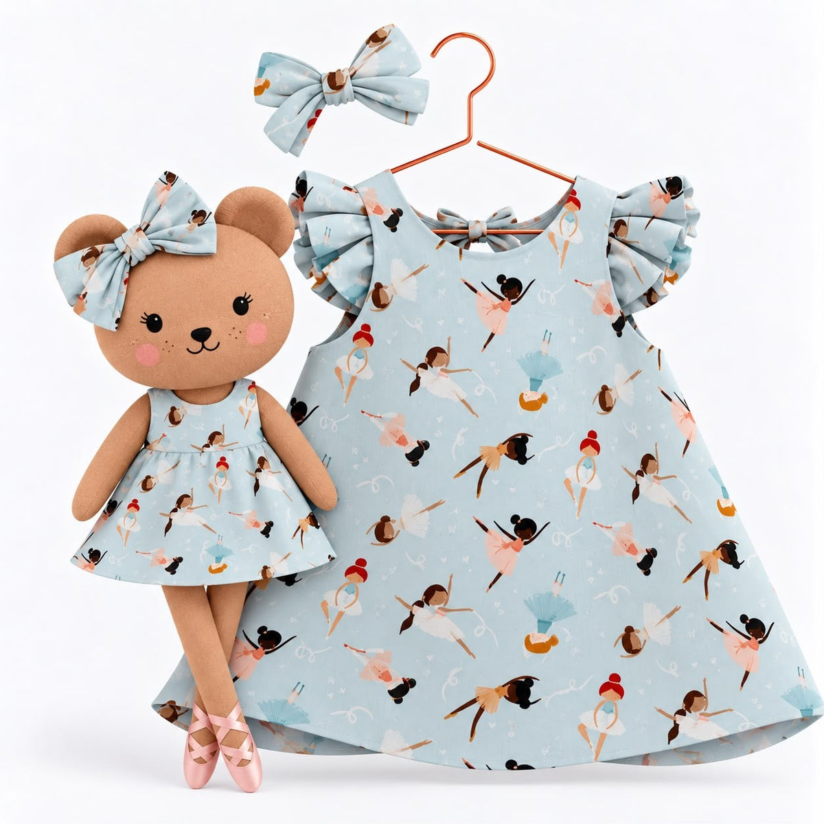 Girls Ballerina cotton dress with matching handmade Honey Bear cloth doll