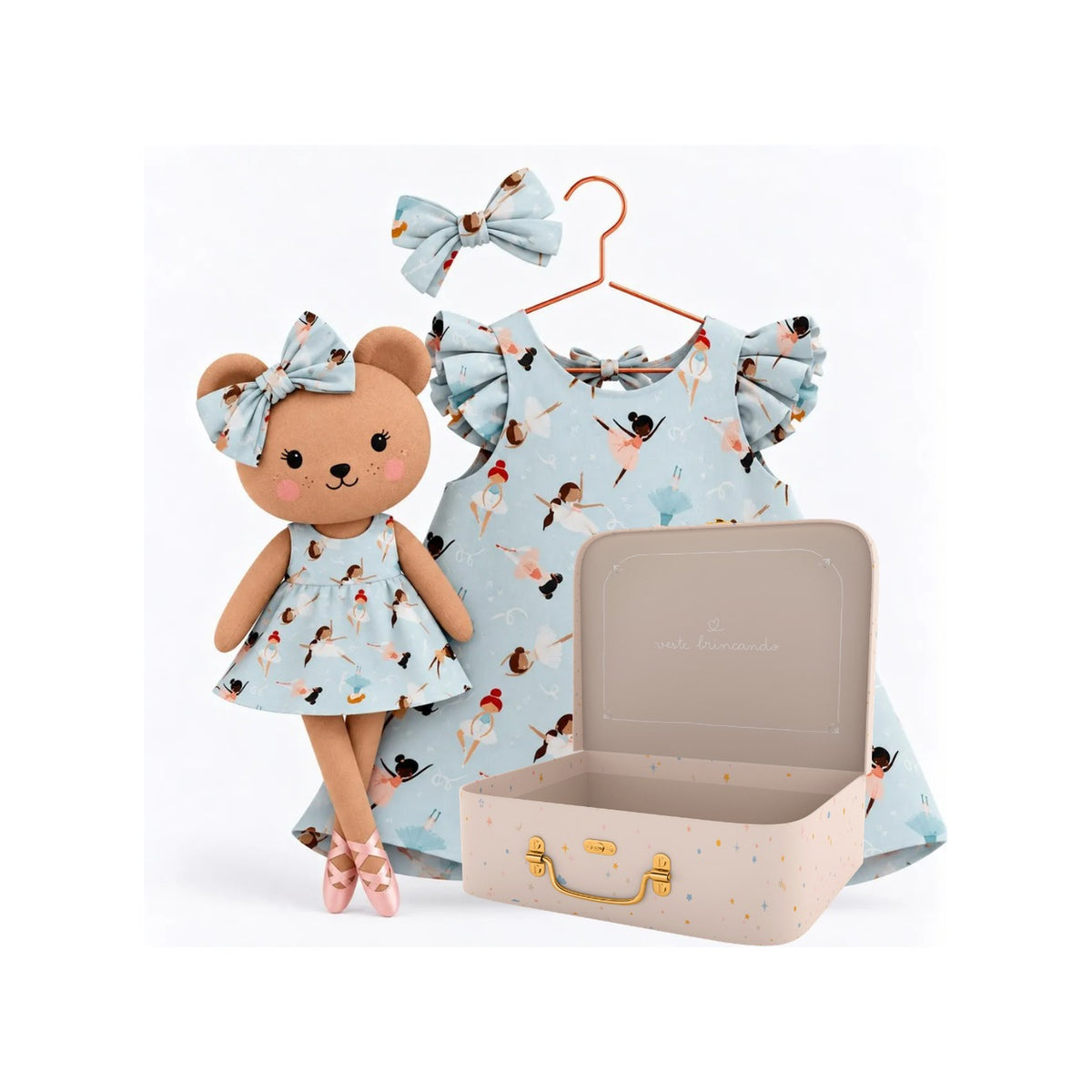 Girls Ballerina dress set with Honey Bear cloth doll and Petit Case keepsake suitcase