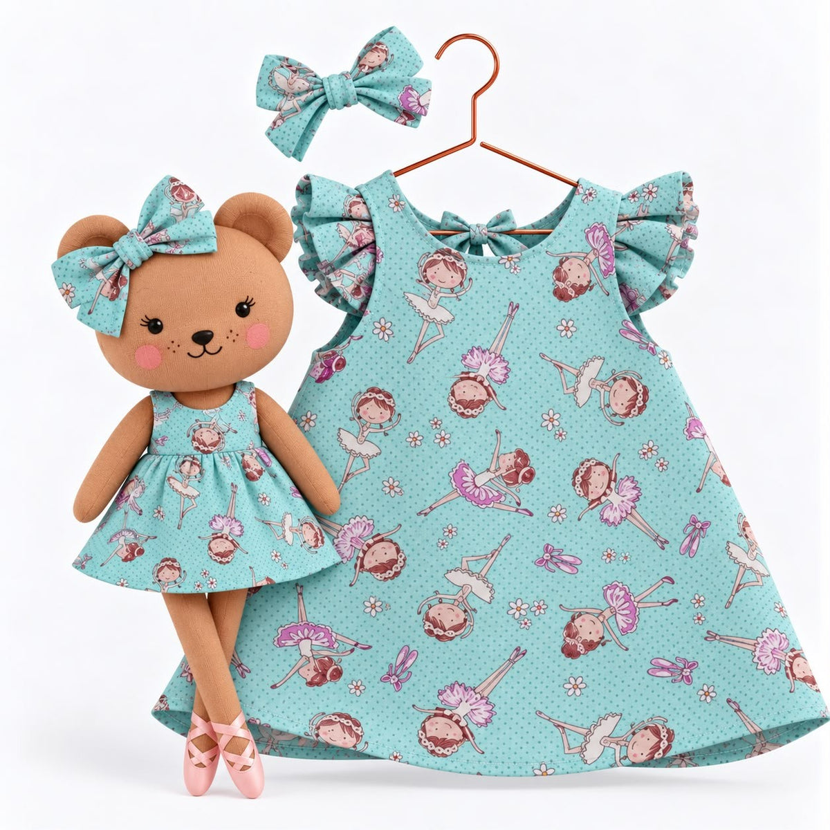 Girls Ballet cotton dress with matching handmade Honey Bear cloth doll