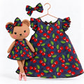 Girls Cherry cotton dress with matching handmade Honey Bear cloth doll