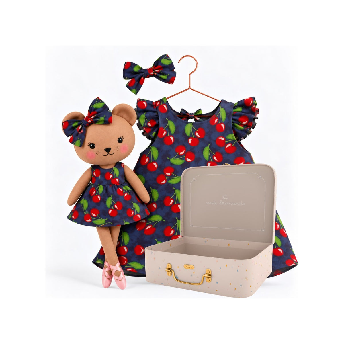 Girls Cherry dress set with Honey Bear cloth doll and Petit Case keepsake suitcase