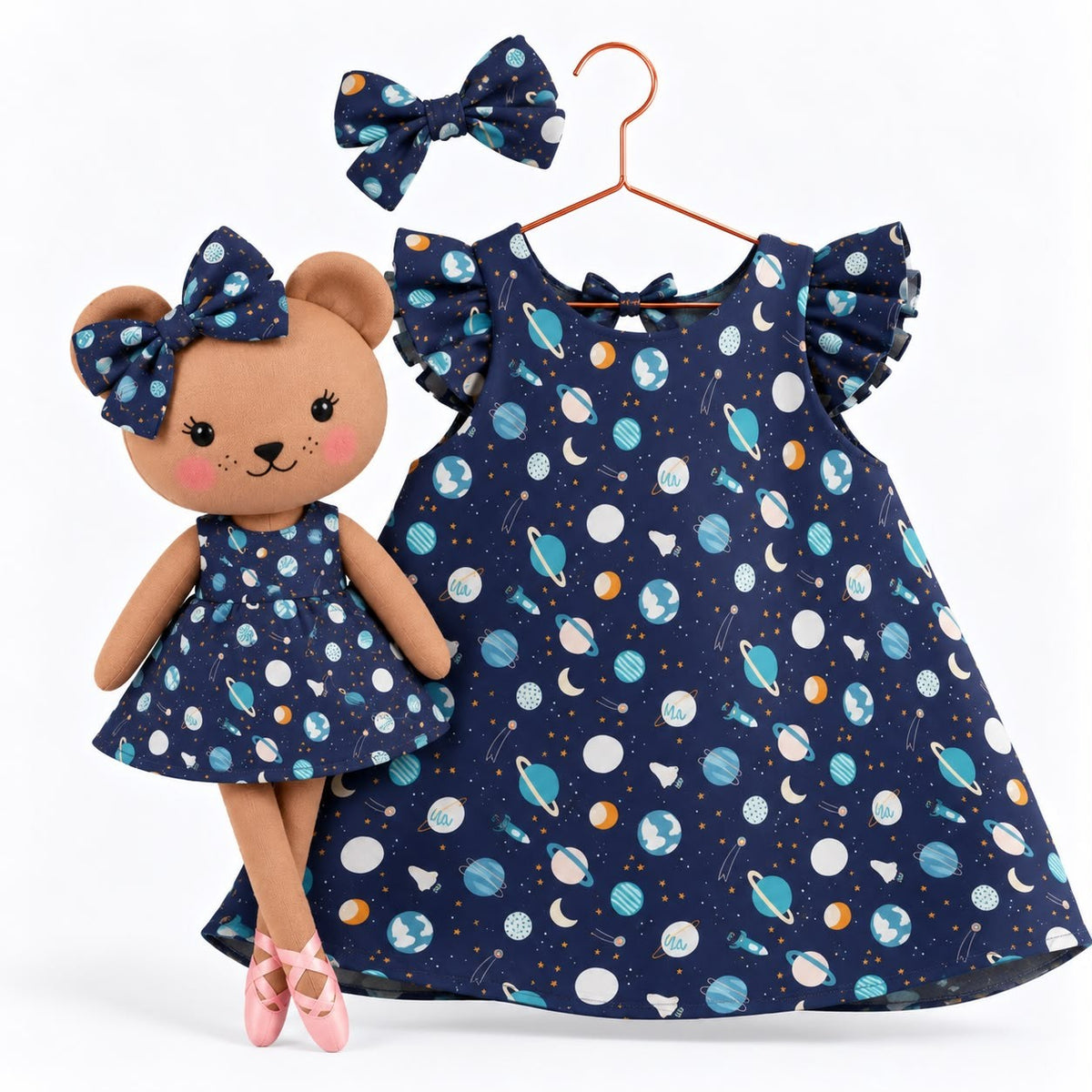 Girls Space cotton dress with matching handmade Honey Bear cloth doll