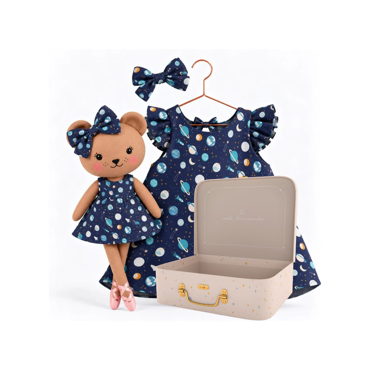 Girls Space dress set with Honey Bear cloth doll and Petit Case keepsake suitcase