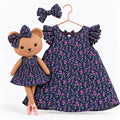 Girls Blossom cotton dress with matching handmade Honey Bear cloth doll
