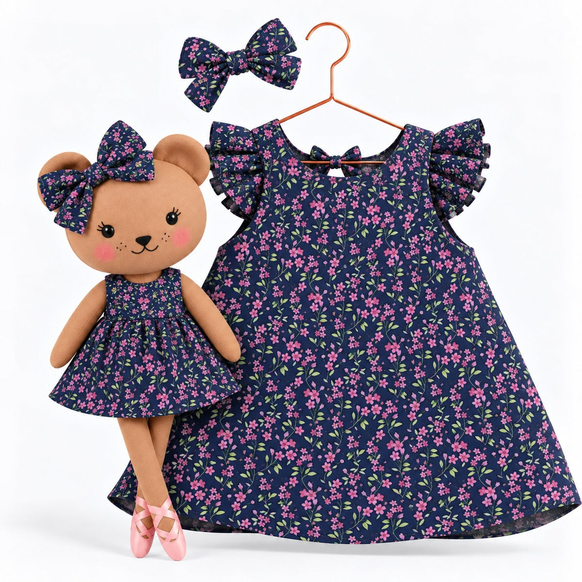 Girls Blossom cotton dress with matching handmade Honey Bear cloth doll