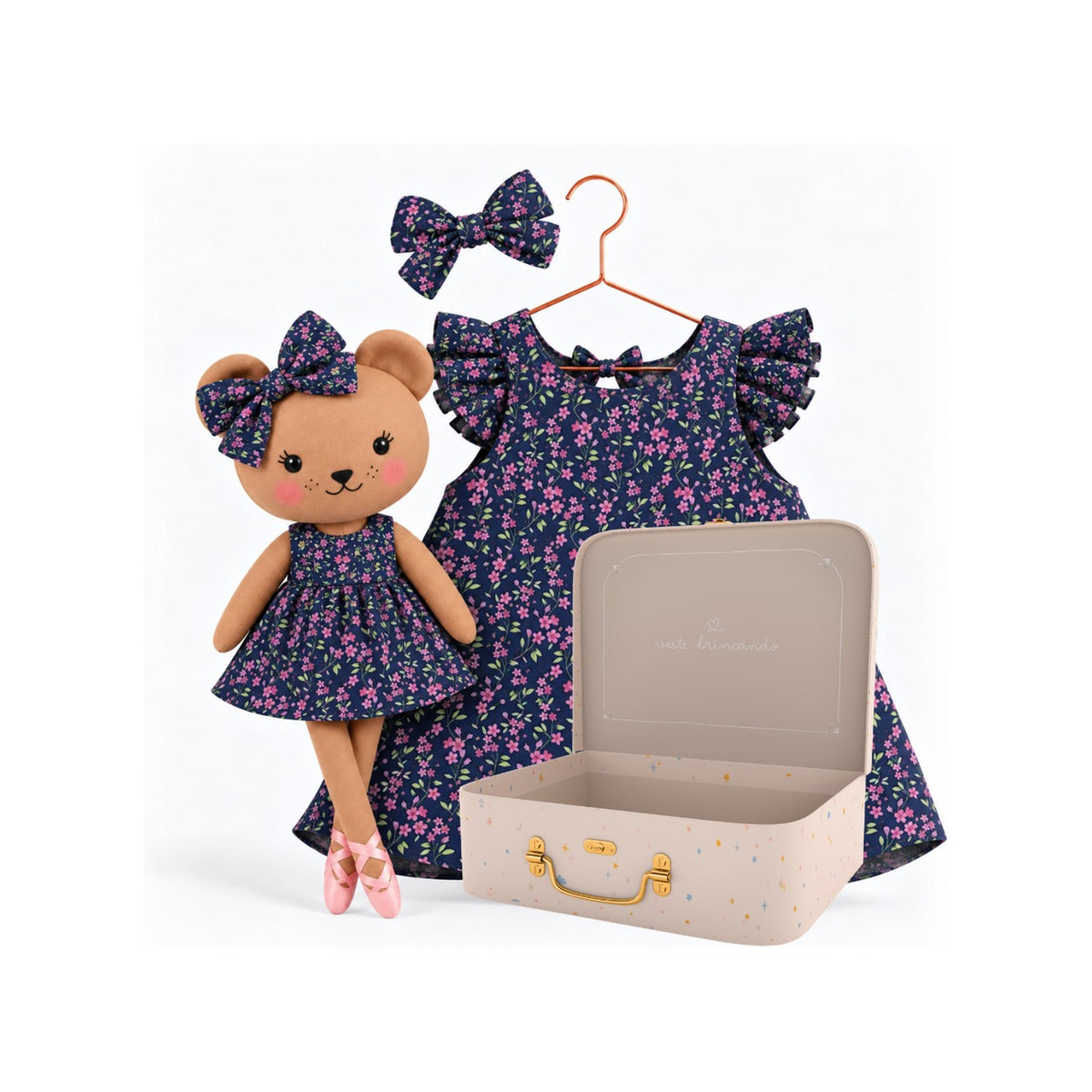 Girls Blossom dress set with Honey Bear cloth doll and Petit Case keepsake suitcase