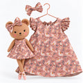 Girls Garden cotton dress with matching handmade Honey Bear cloth doll