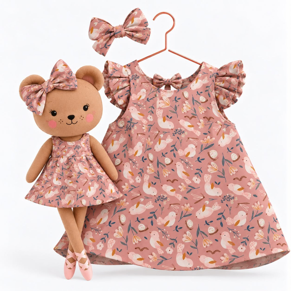 Girls Garden cotton dress with matching handmade Honey Bear cloth doll