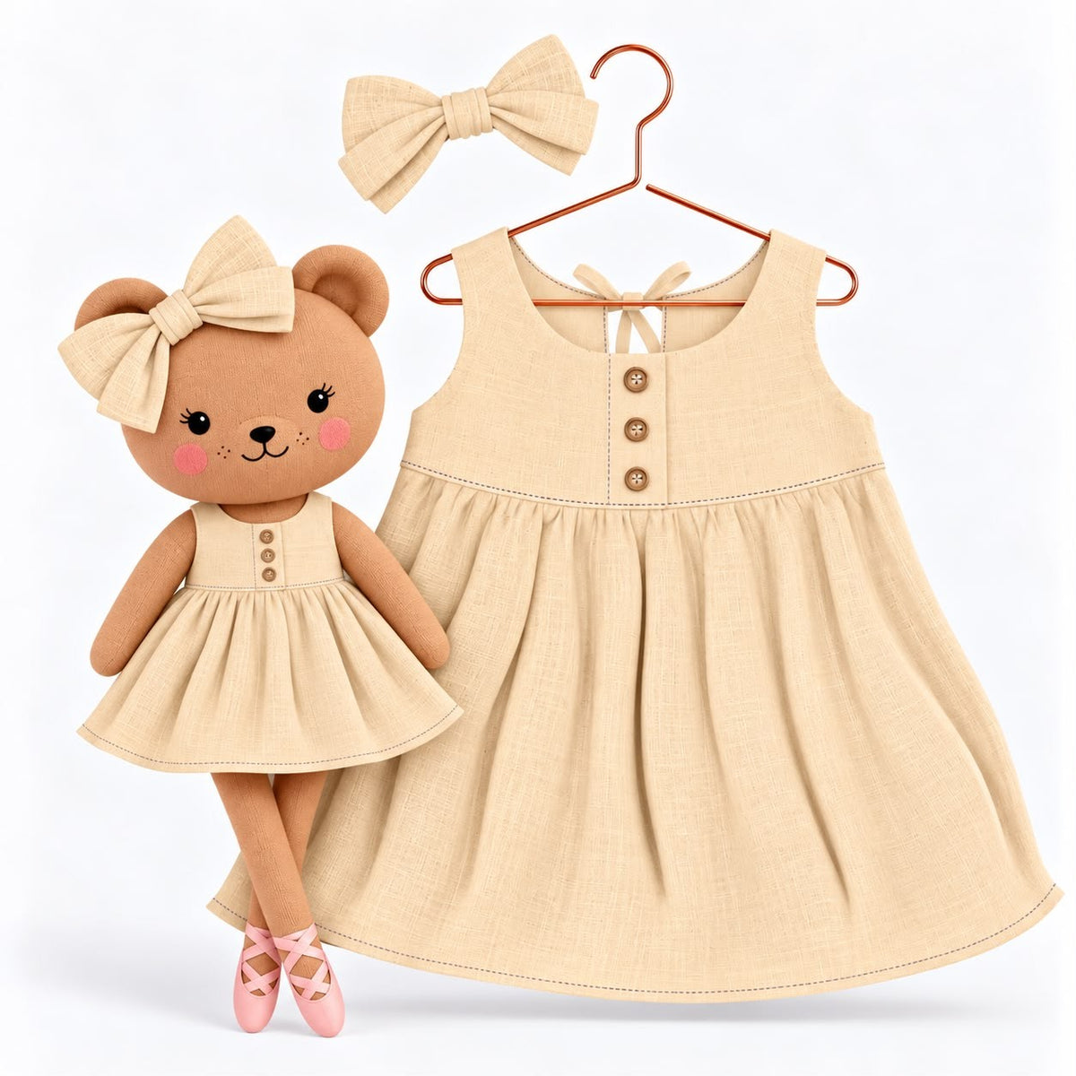 Girls Classic Yellow cotton dress with matching handmade Honey Bear cloth doll