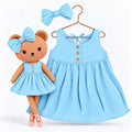 Girls Classic Blue cotton dress with matching handmade Honey Bear cloth doll