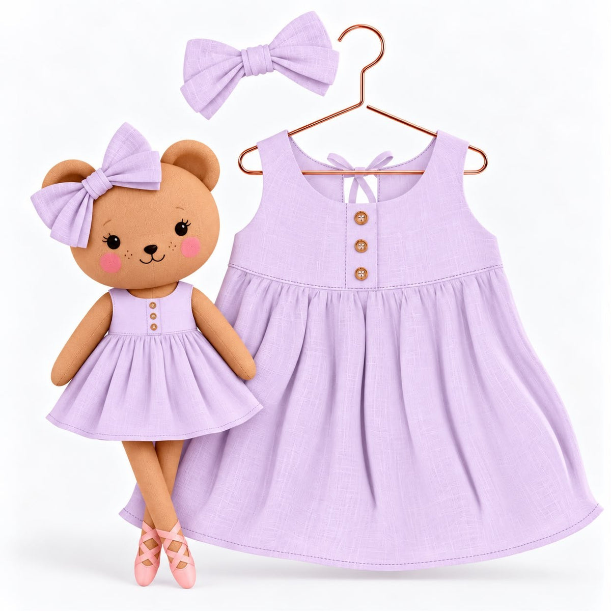 Girls Classic Lavender cotton dress with matching handmade Honey Bear cloth doll