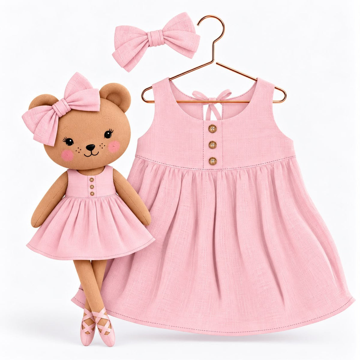 Girls Classic Pink cotton dress with matching handmade Honey Bear cloth doll