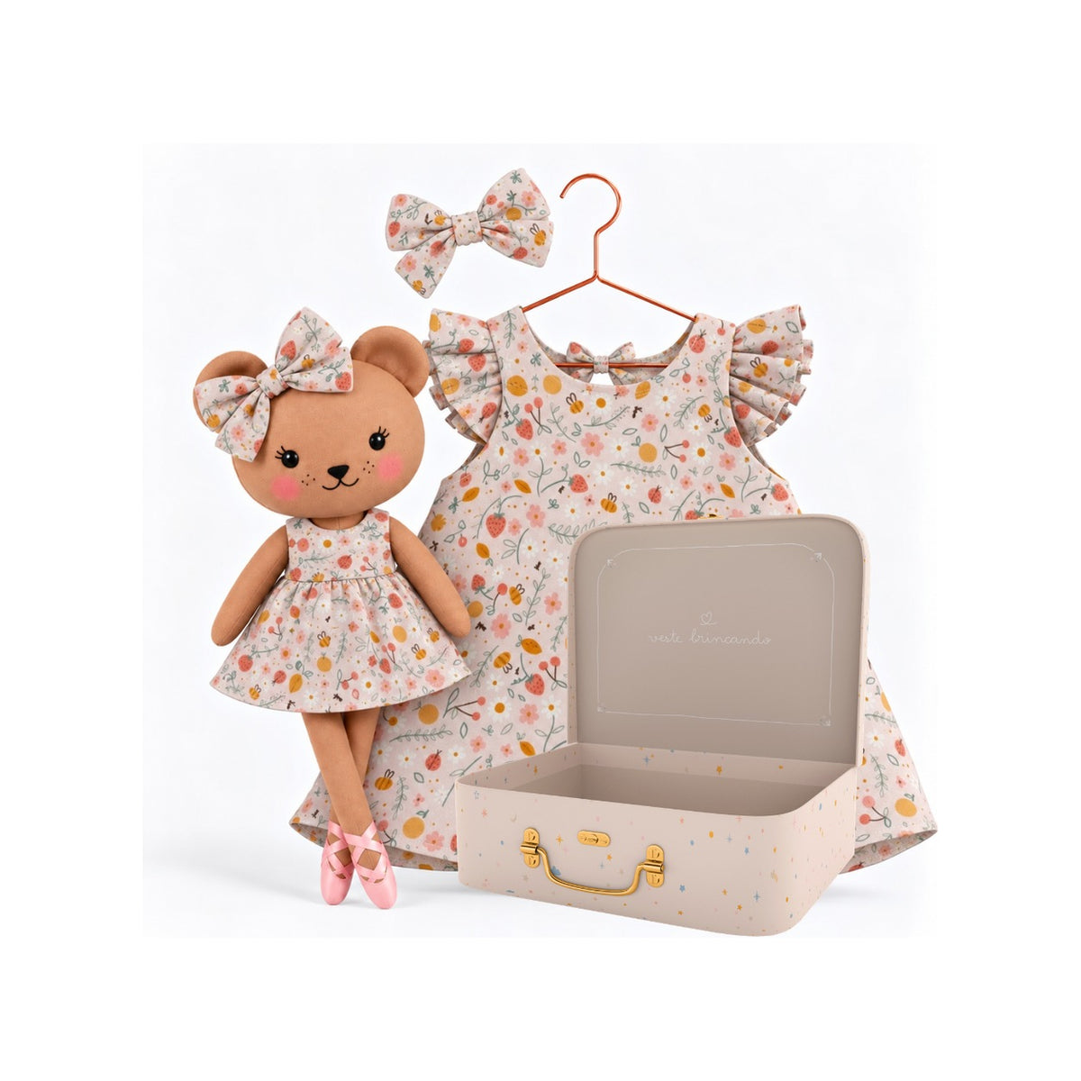Girls Picnic dress set with Honey Bear cloth doll and Petit Case keepsake suitcase
