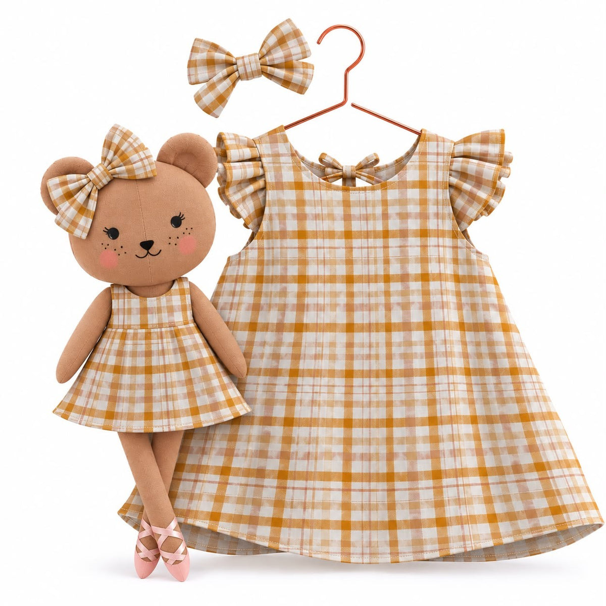 Girls Gingham cotton dress with matching handmade Honey Bear cloth doll