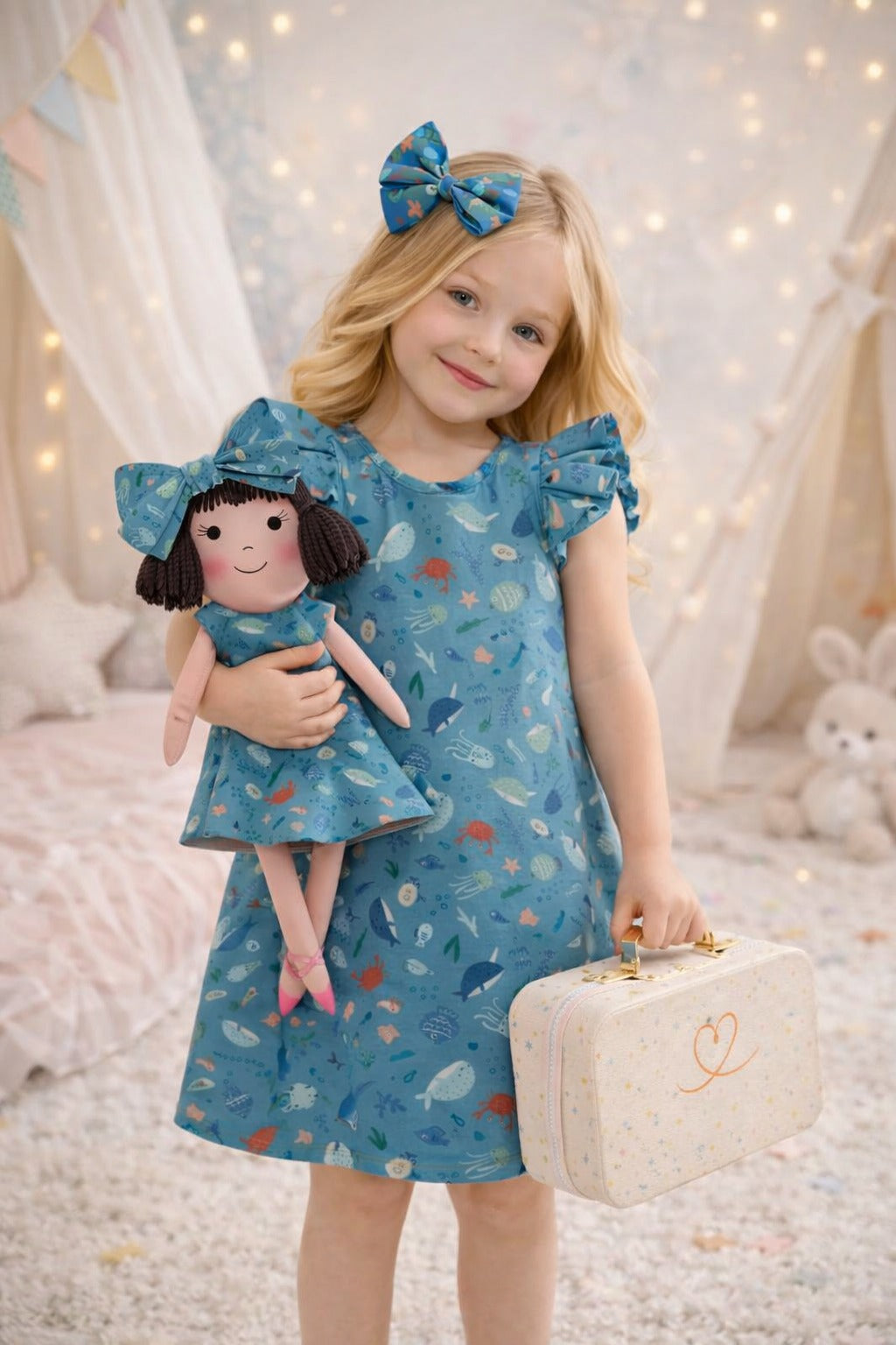 Girls Under the Sea Dress & Matching Doll Set with Petit Case – Alice