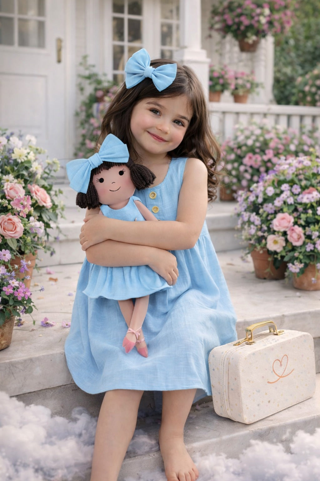 Girls Classic Blue Dress & Matching Doll Set with Petit Case – Alice