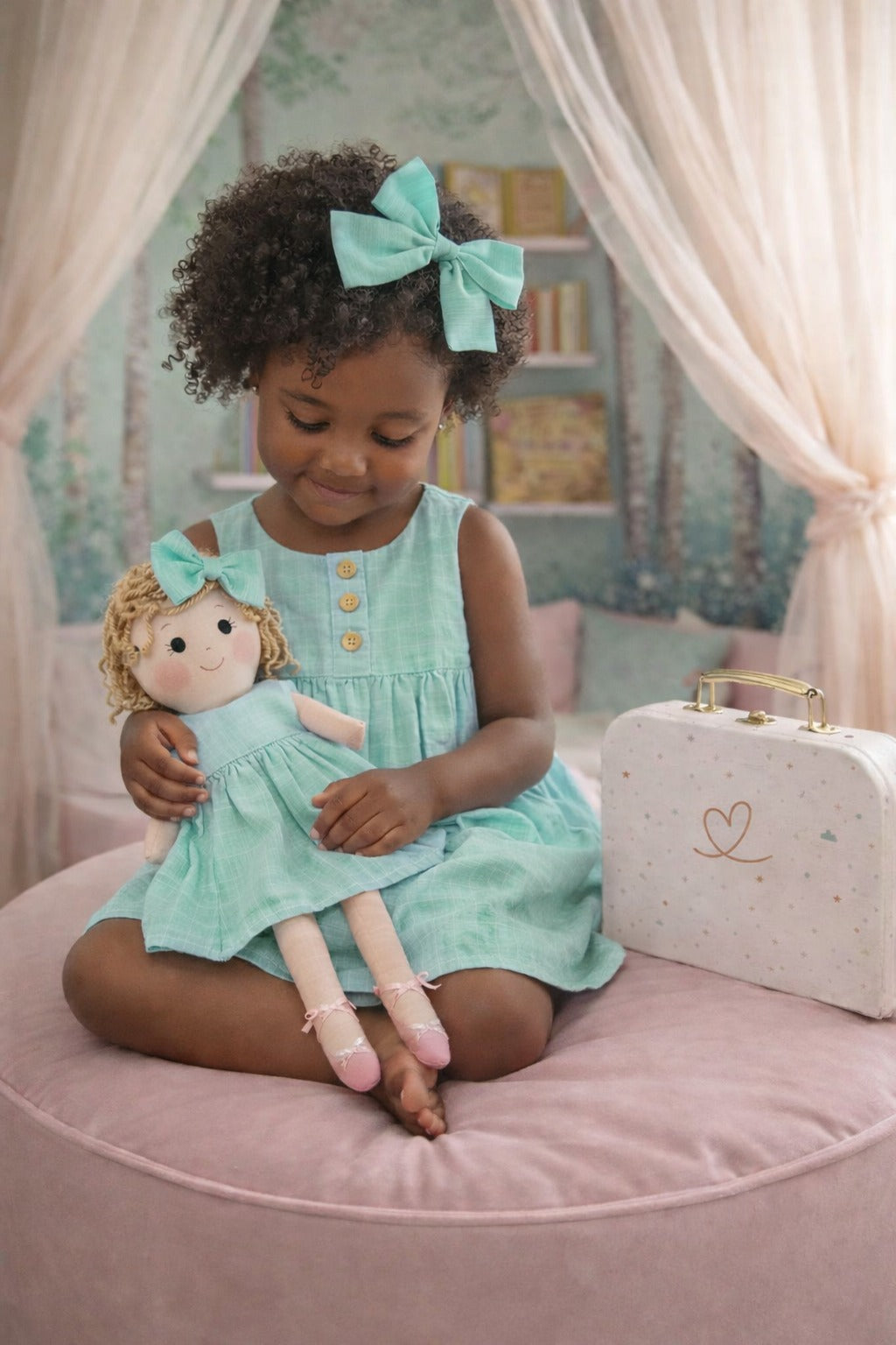 Girls Classic Green Dress & Matching Doll Set with Petit Case – Annie