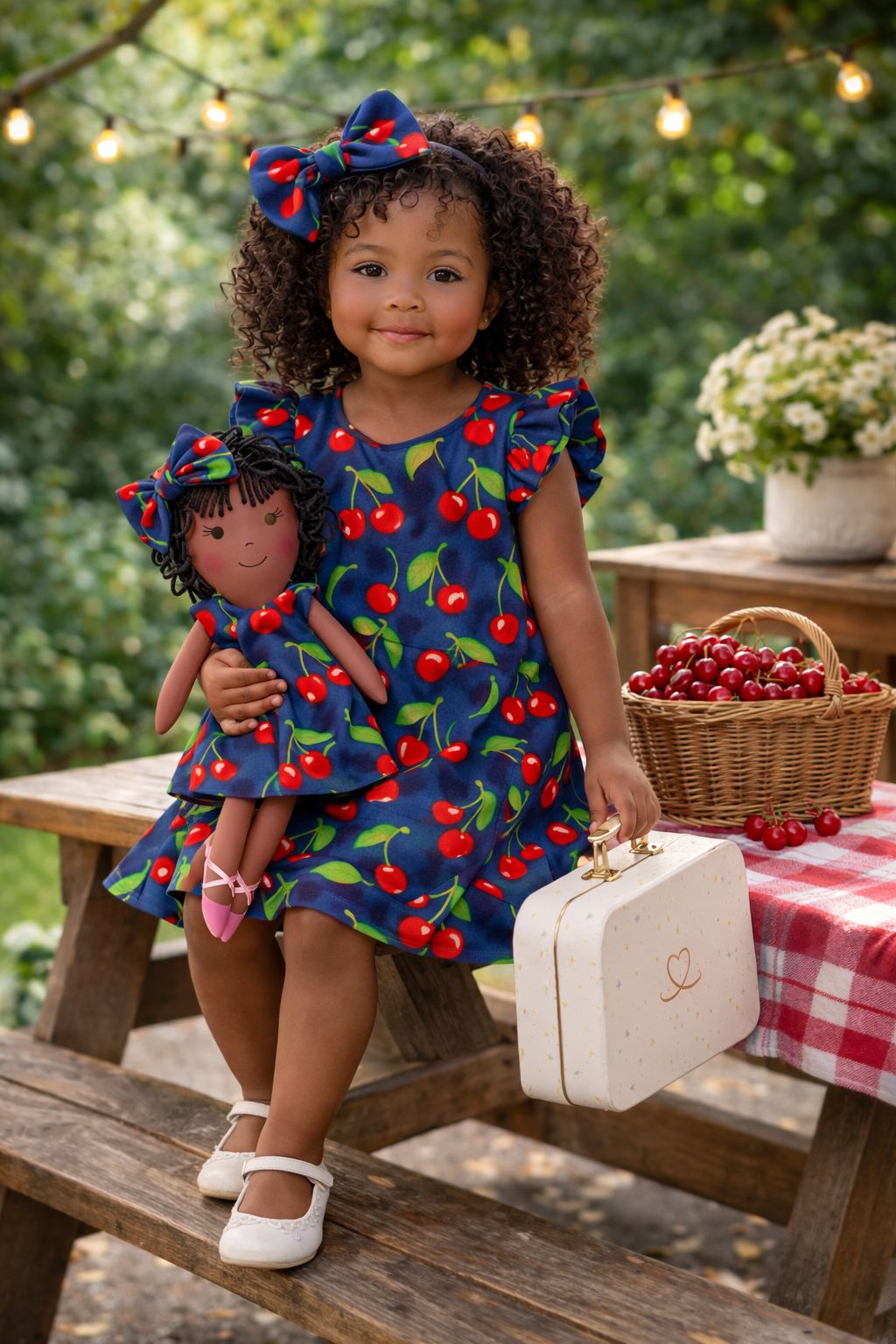 Girls Cherry Dress & Matching Doll Set with Petit Case – Bella