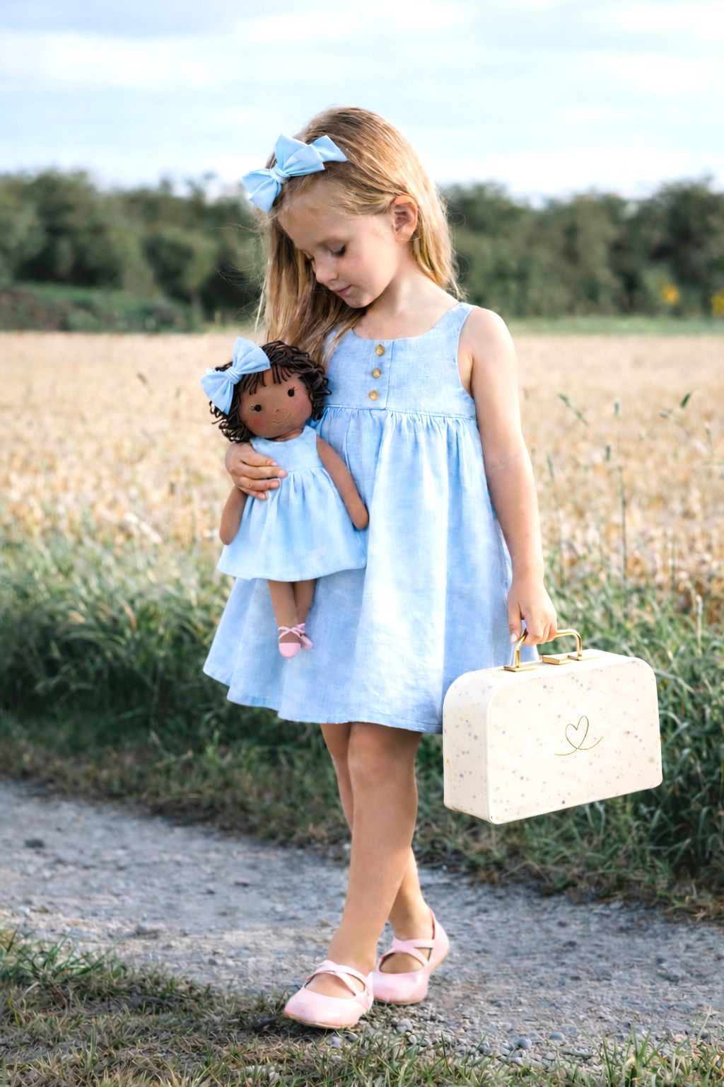 Girls Classic Blue Dress & Matching Doll Set with Petit Case – Bella