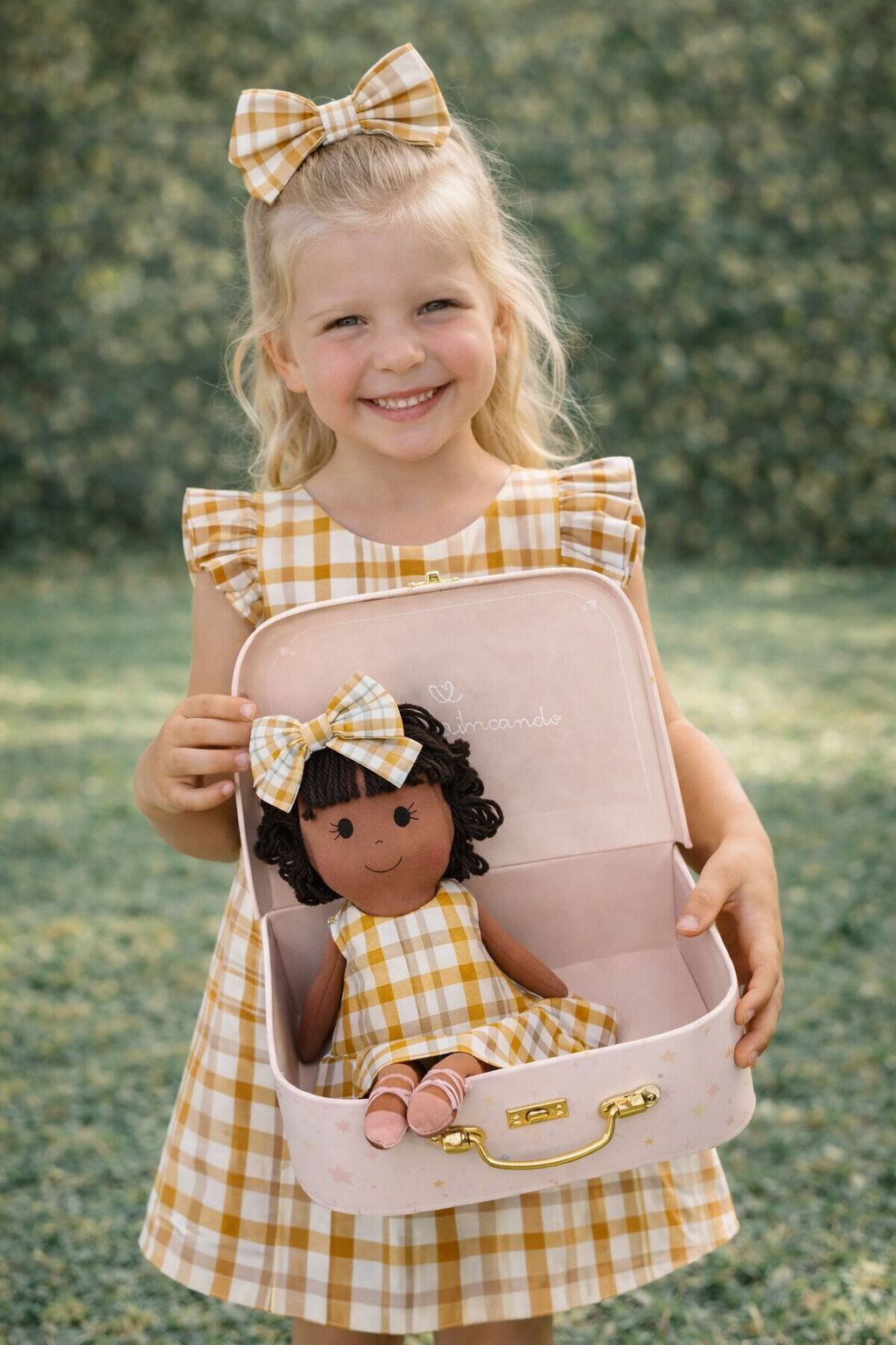 Girls Gingham Dress & Matching Doll Set with Petit Case – Bella