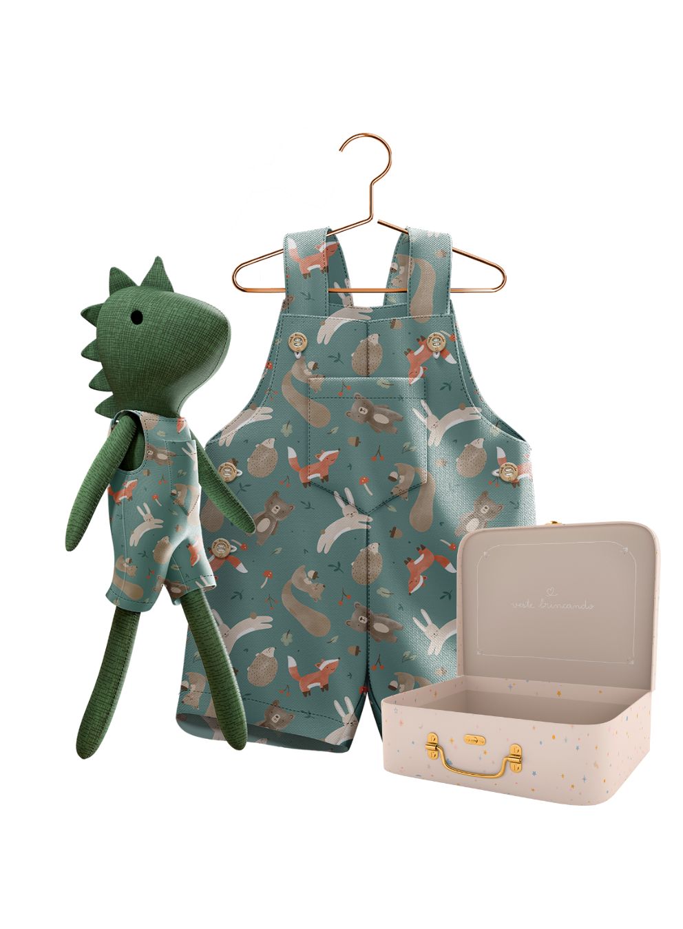 Dino plush toy with its Petit Case keepsake suitcase