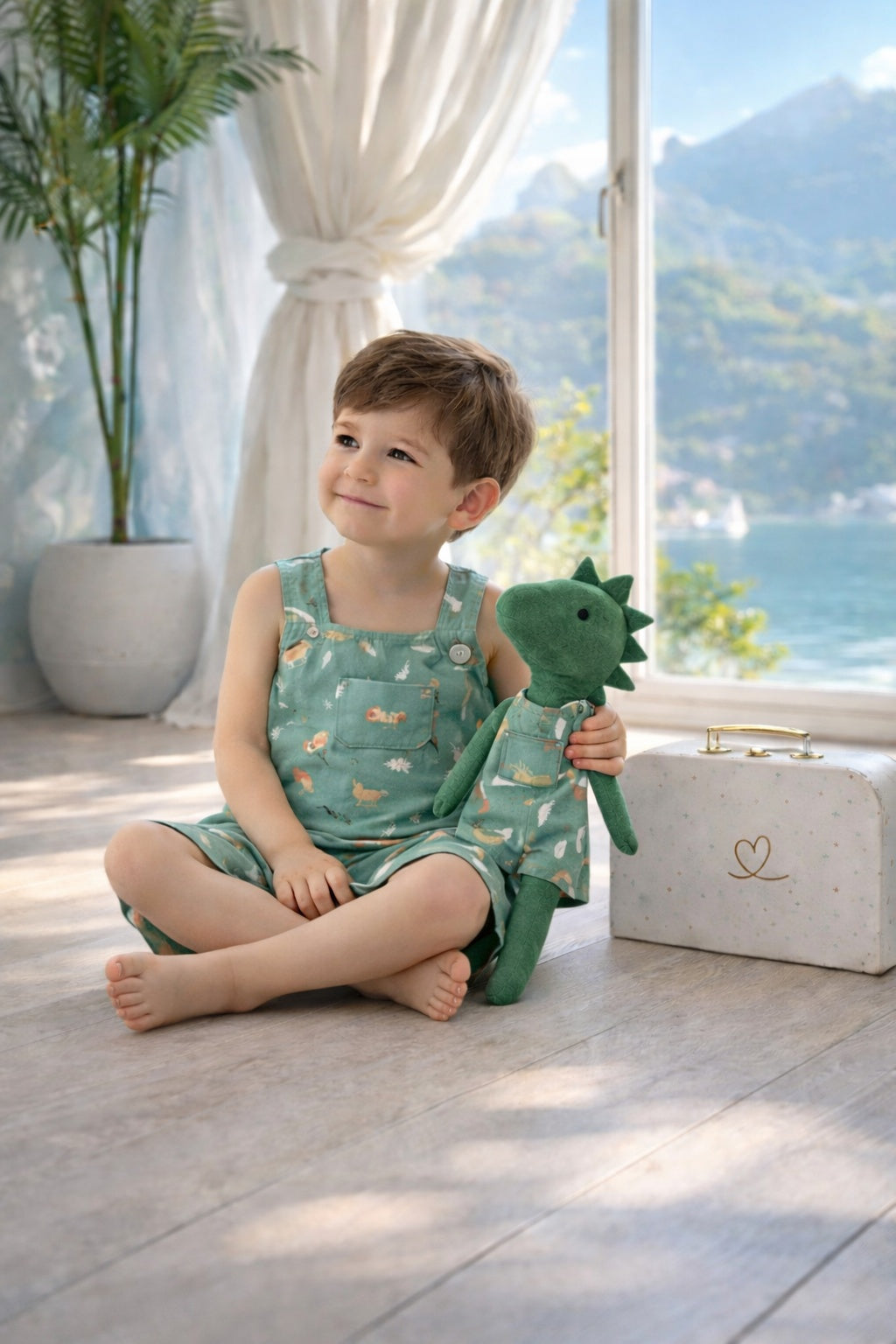 Boys Woodland Romper & Matching Plush Toy with Petit Case – Dino