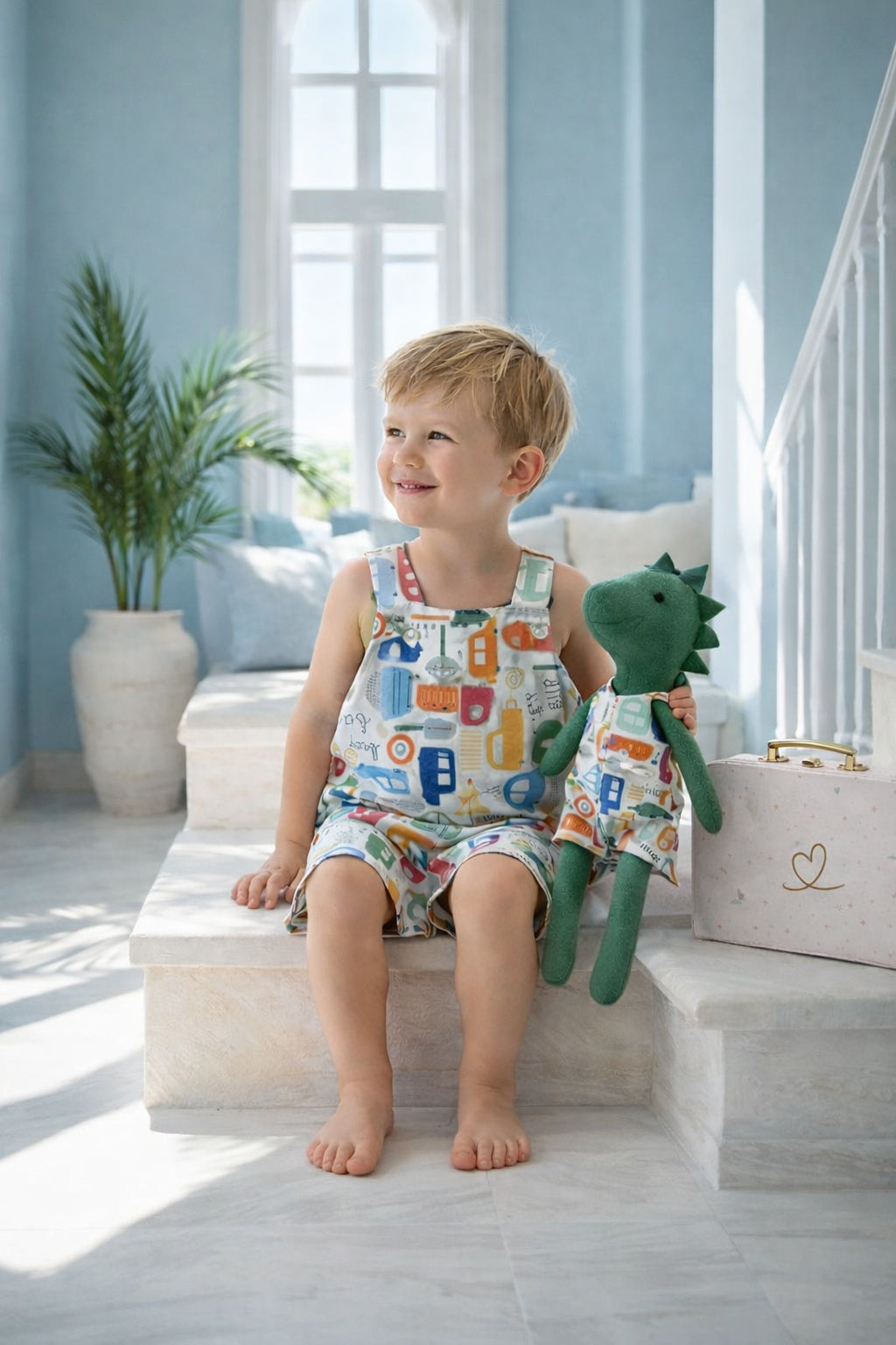 Boys Cars Romper & Matching Plush Toy with Petit Case – Dino
