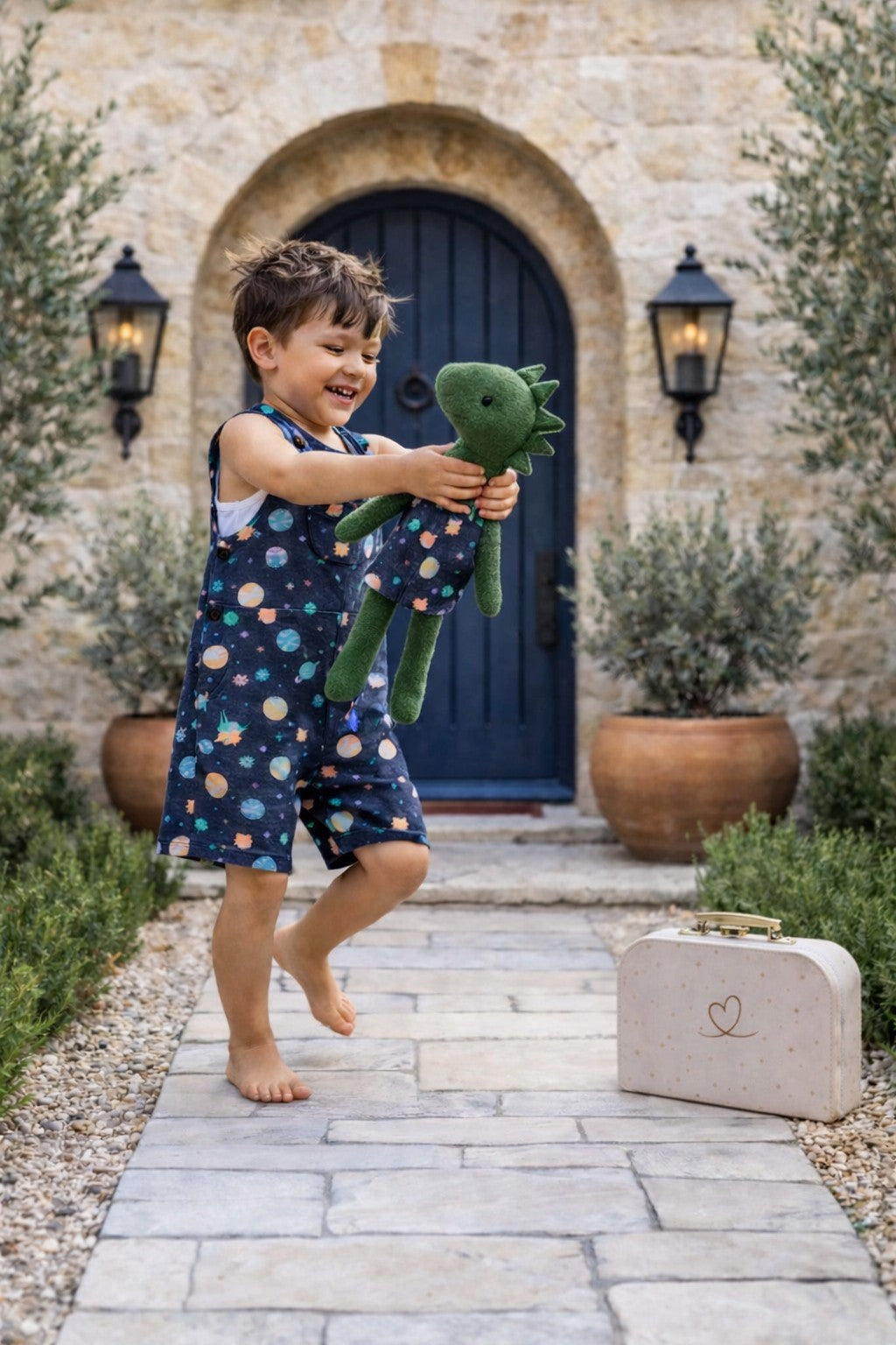 Boys Space Romper & Matching Plush Toy with Petit Case – Dino