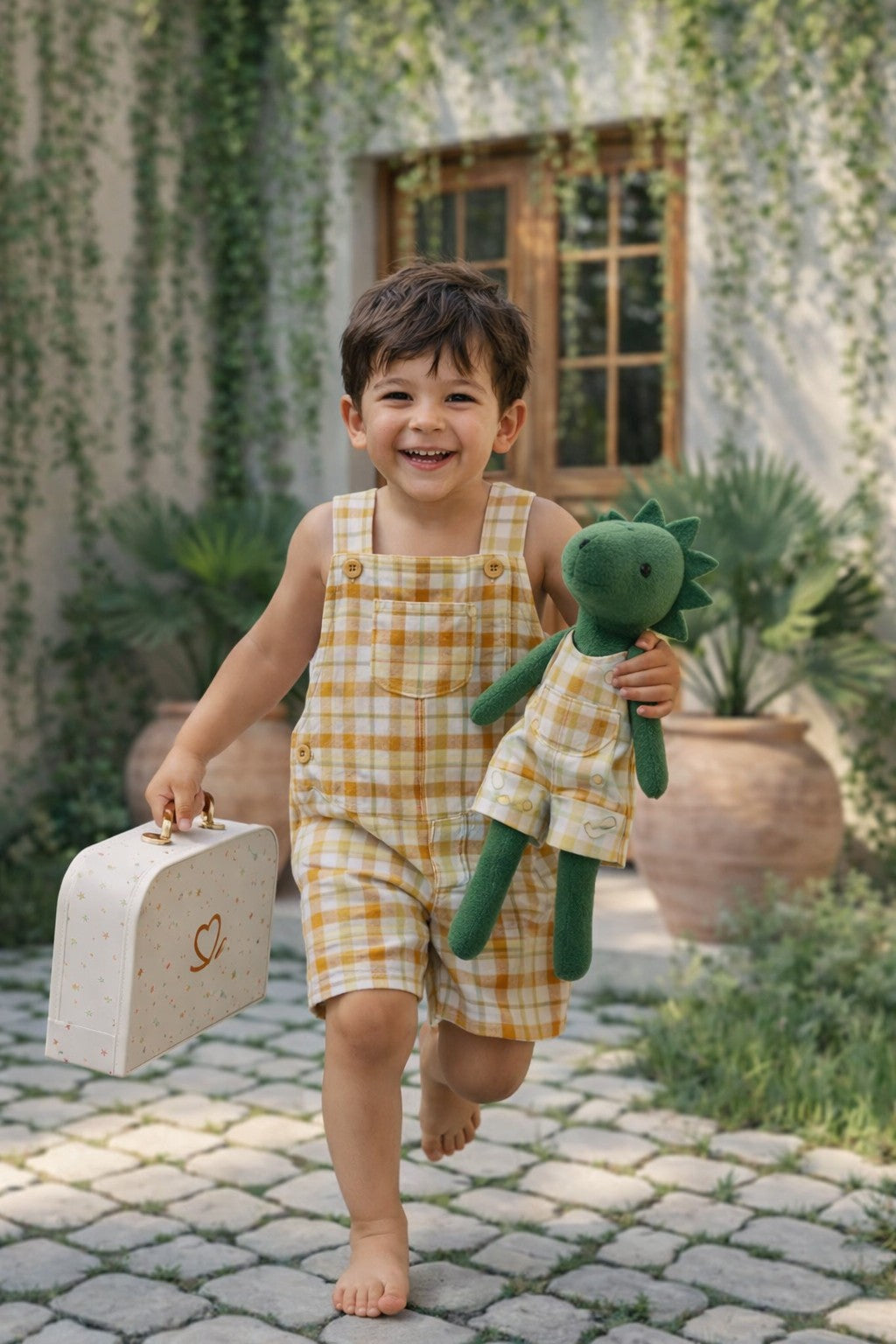 Boys Gingham Romper & Matching Plush Toy with Petit Case – Dino