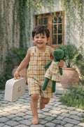 Boys Gingham Romper & Matching Plush Toy with Petit Case – Dino