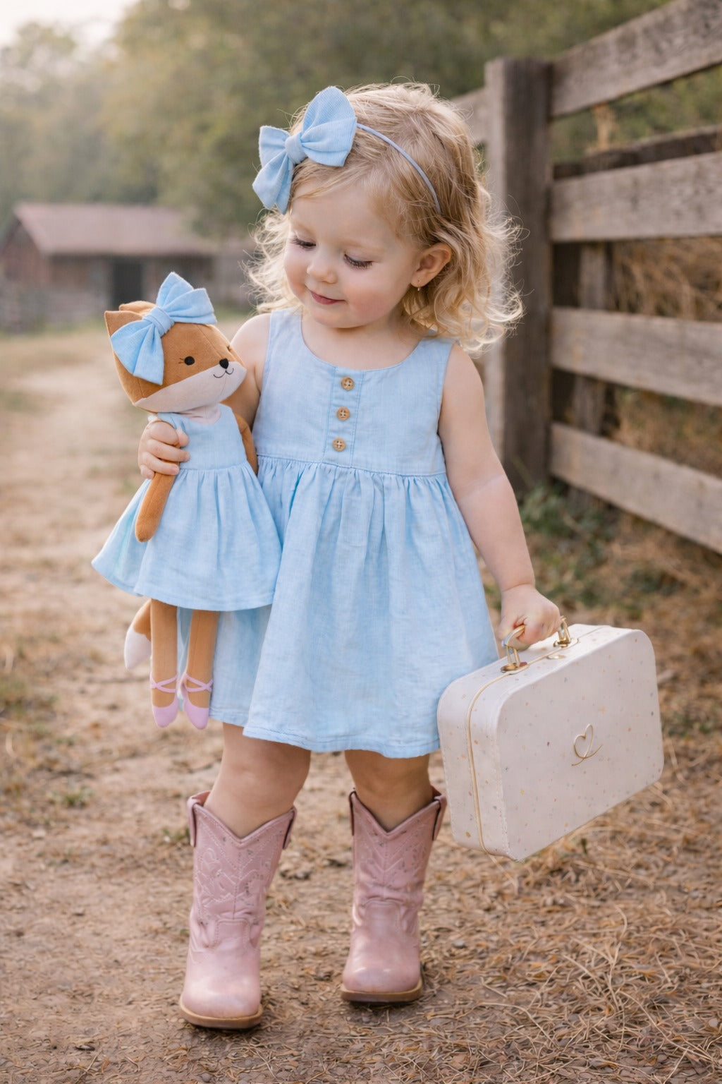 Girls Classic Blue Dress & Matching Doll Set with Petit Case – Mrs. Fox