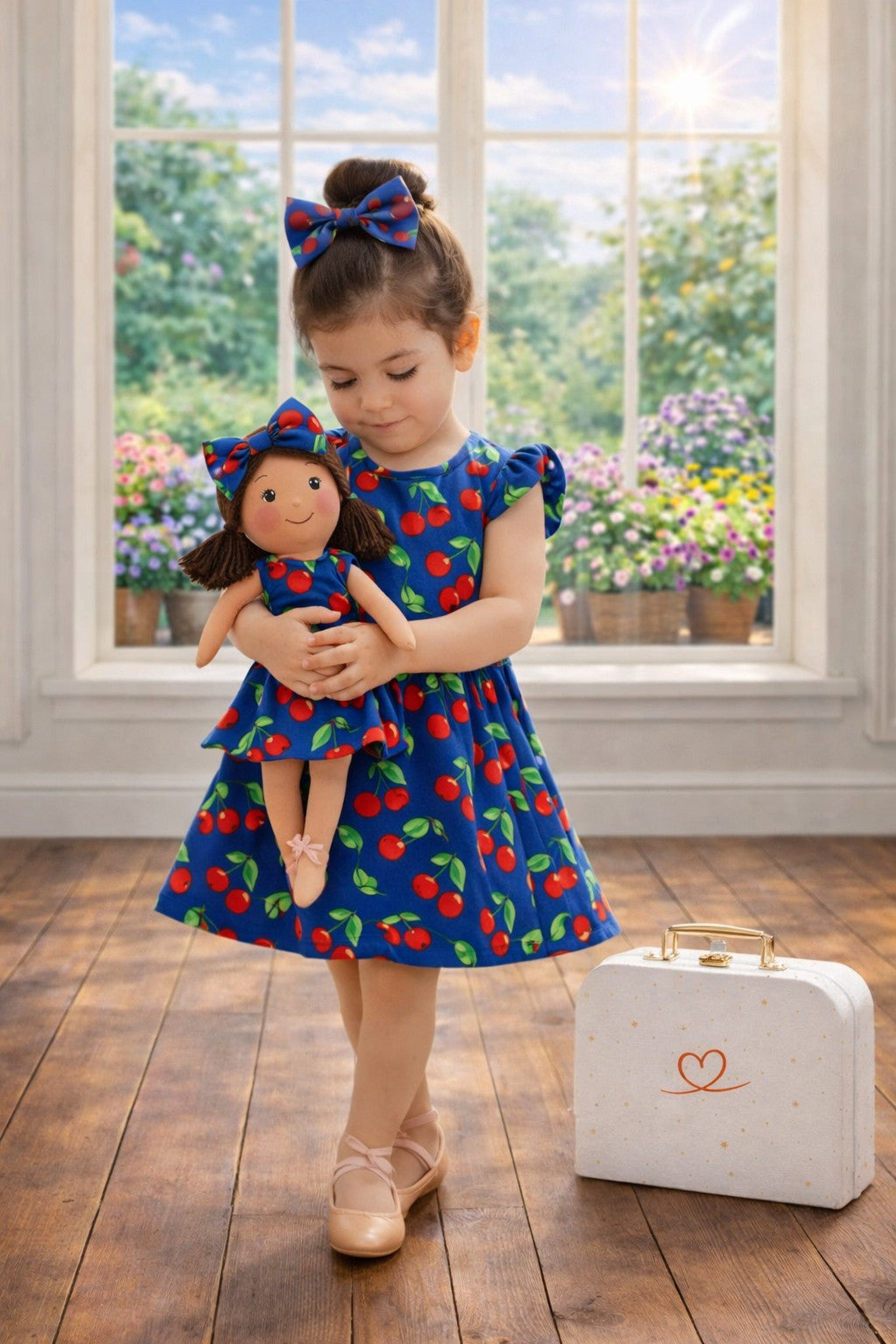 Girls Cherry Dress & Matching Doll Set with Petit Case – Millie
