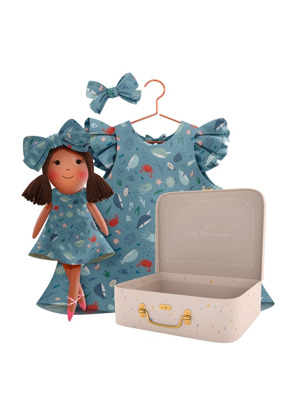 Millie cloth doll with her Petit Case keepsake suitcase