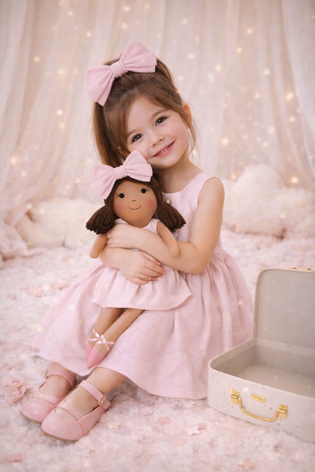 Girls Classic Pink Dress & Matching Doll Set with Petit Case – Millie