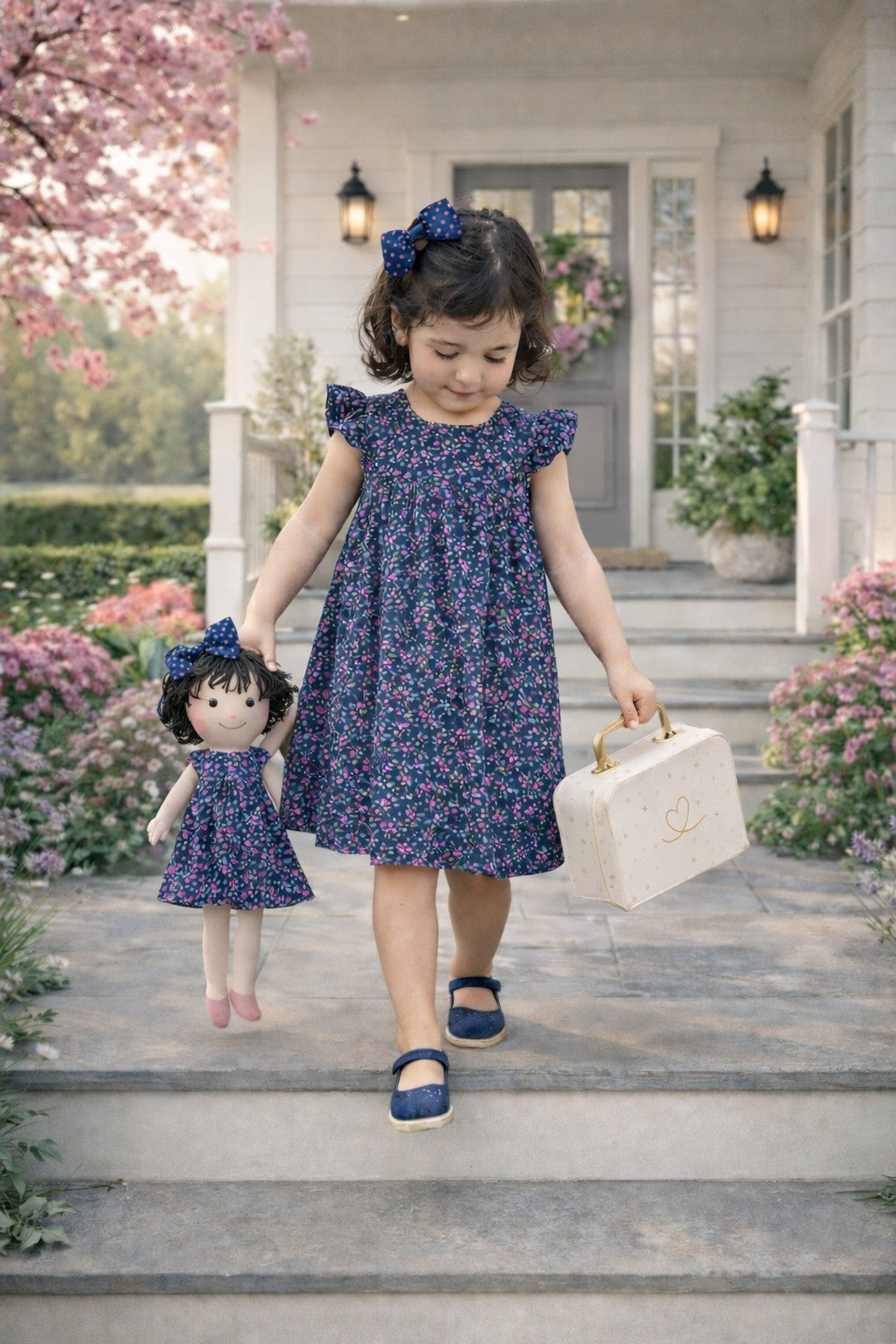 Girls Blossom Dress & Matching Doll Set with Petit Case – Nellie