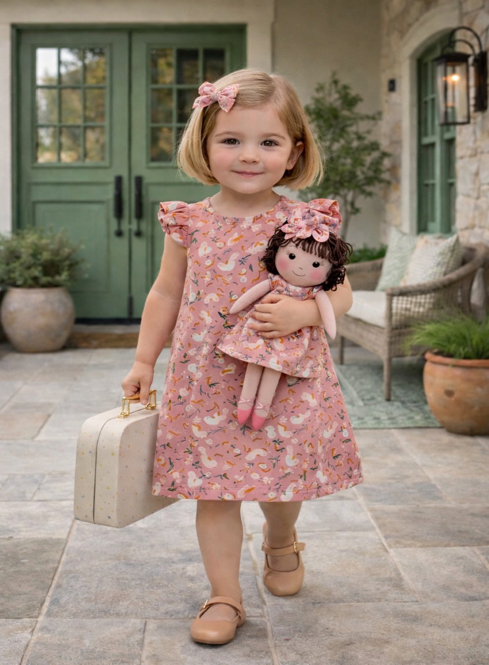 Girls Garden Dress & Matching Doll Set with Petit Case – Nellie