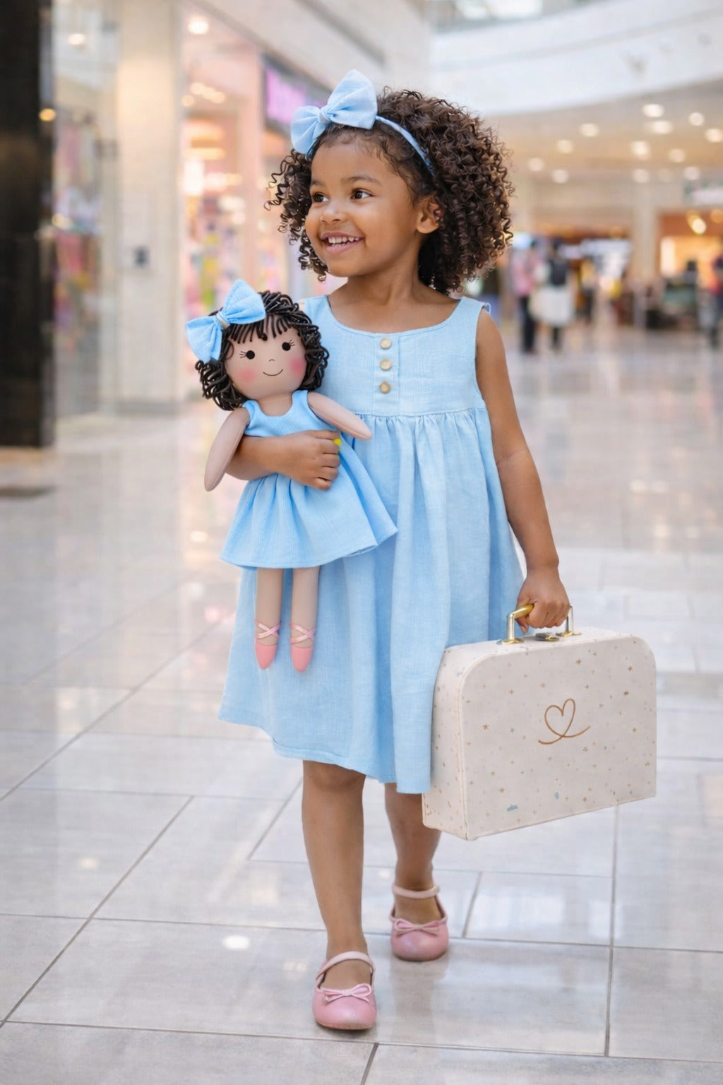 Girls Classic Blue Dress & Matching Doll Set with Petit Case – Nellie